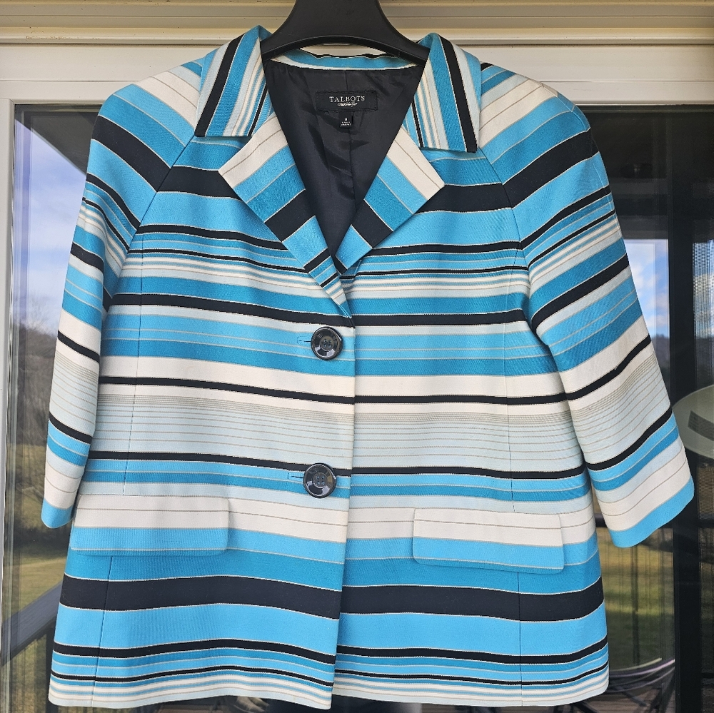 Talbots Jacket Striped Aqua White Black Sz 8 3/4 length sleeve Size 8